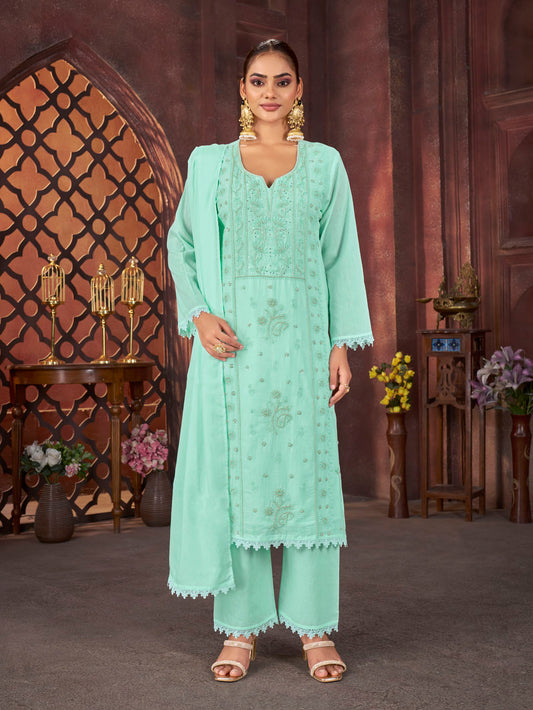 Mint Green Embroidered Cotton Suit Set with Matching Dupatta
