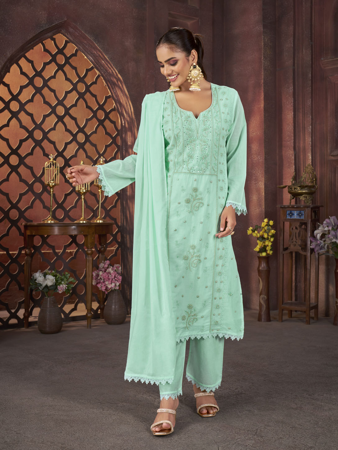 Mint Green Embroidered Cotton Suit Set with Matching Dupatta