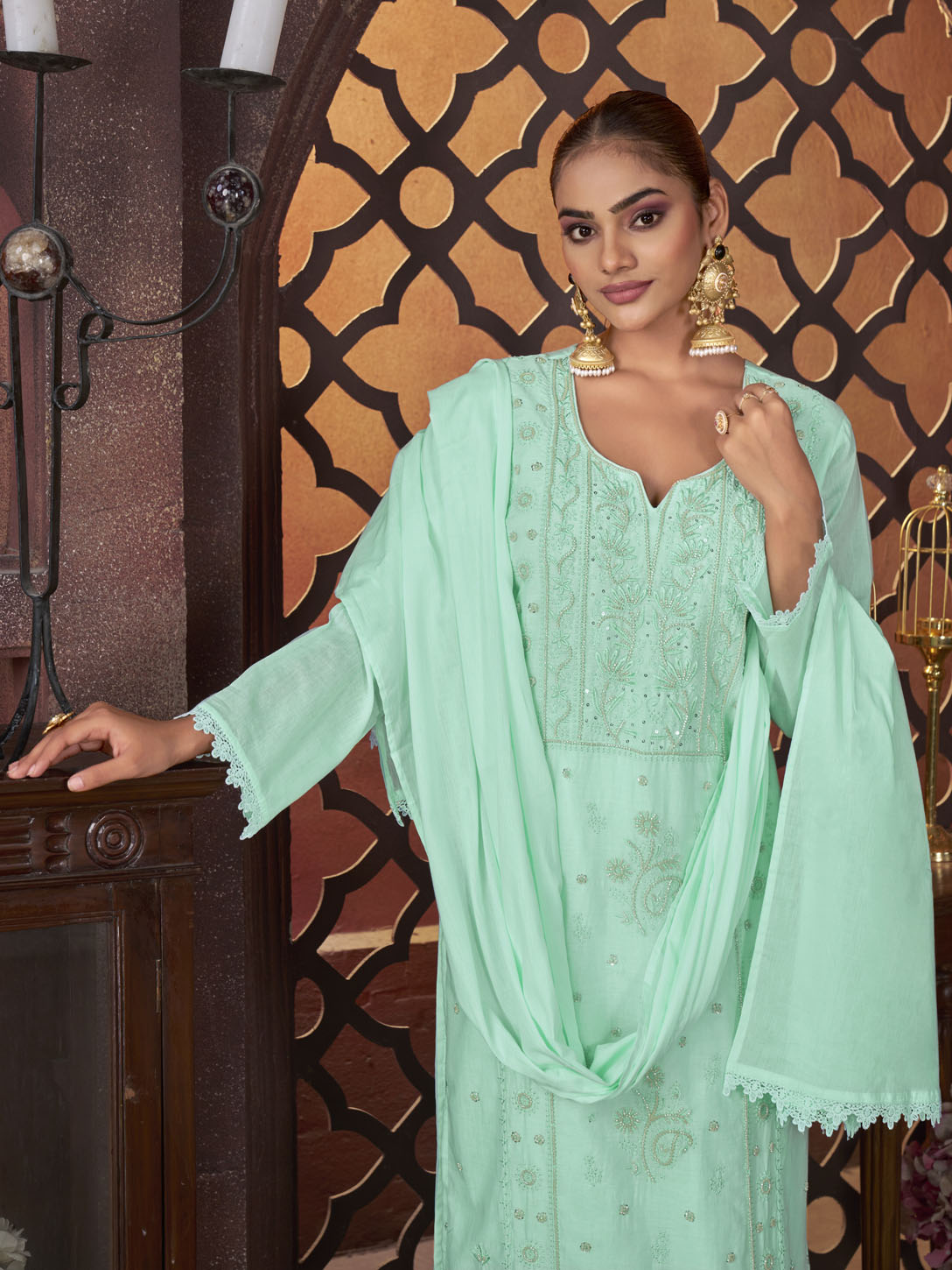 Mint Green Embroidered Cotton Suit Set with Matching Dupatta