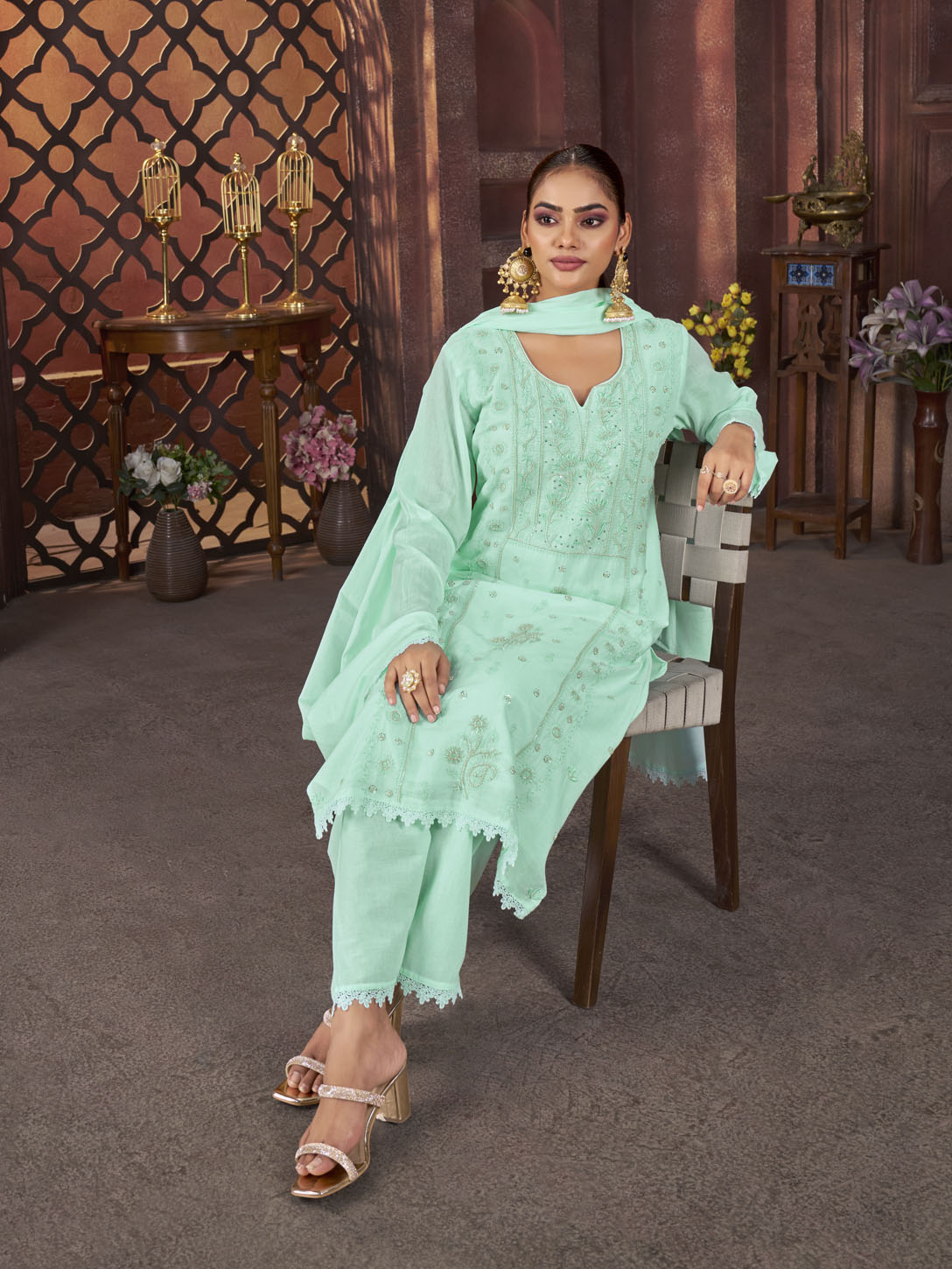 Mint Green Embroidered Cotton Suit Set with Matching Dupatta