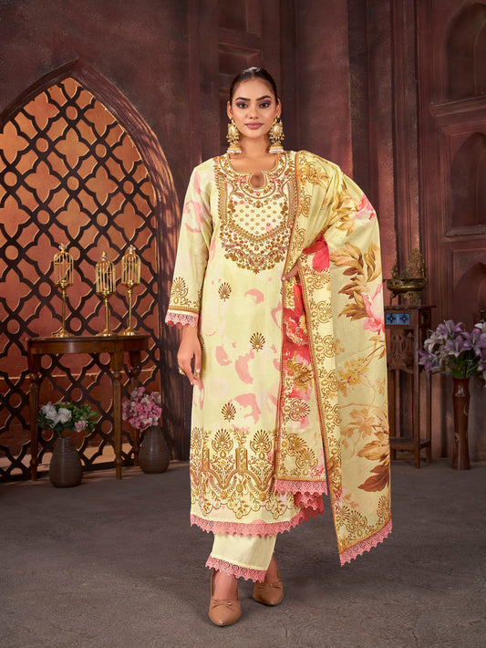 Lemon Yellow Floral Printed Cotton Suit with Golden Embroidery & Dupatta