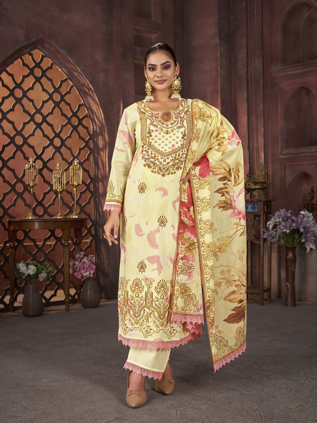 Lemon Yellow Floral Printed Cotton Suit with Golden Embroidery & Dupatta