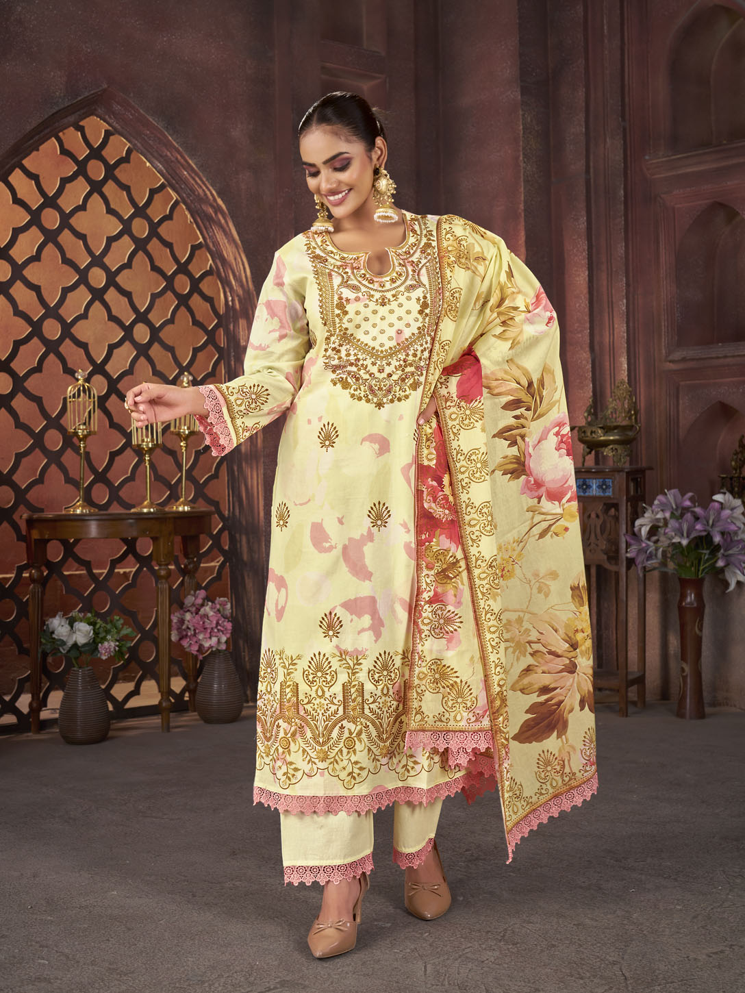 Lemon Yellow Floral Printed Cotton Suit with Golden Embroidery & Dupatta
