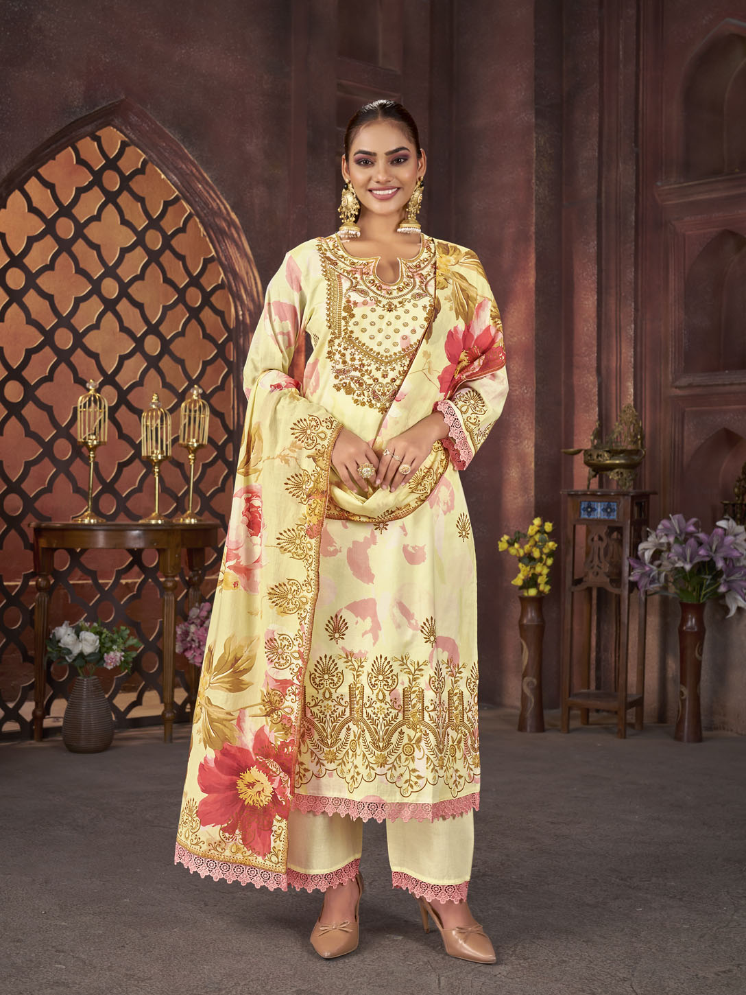 Lemon Yellow Floral Printed Cotton Suit with Golden Embroidery & Dupatta
