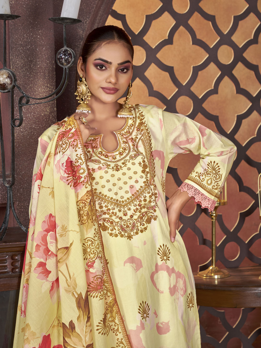 Lemon Yellow Floral Printed Cotton Suit with Golden Embroidery & Dupatta