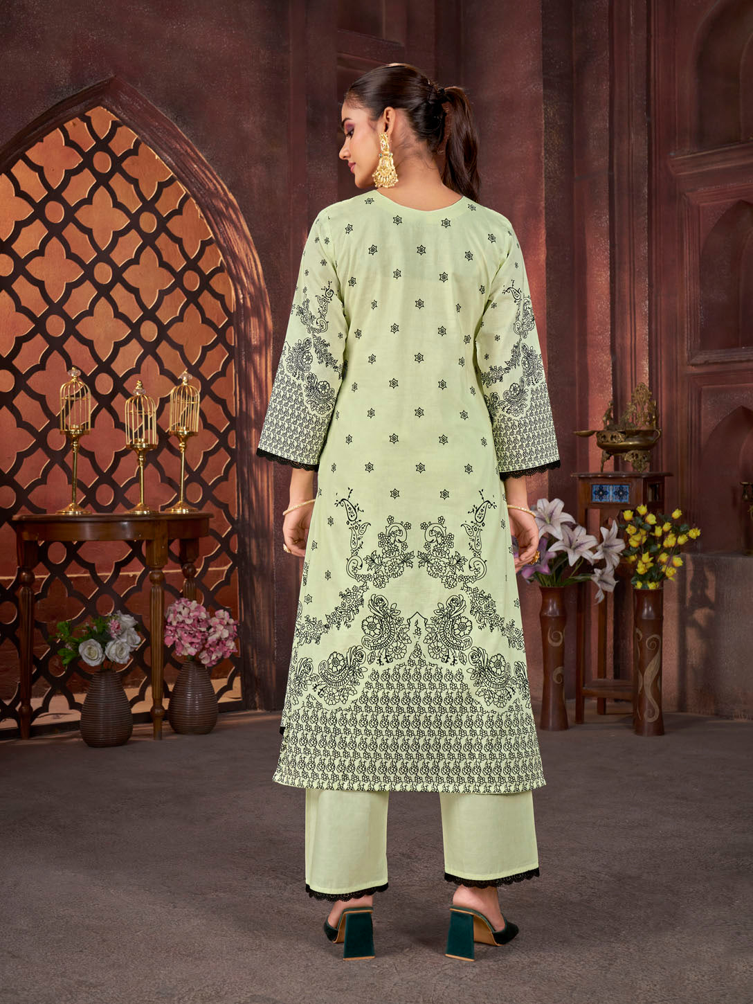 Elegant Light Pistachio Green Printed Suit with Contrast Dupatta