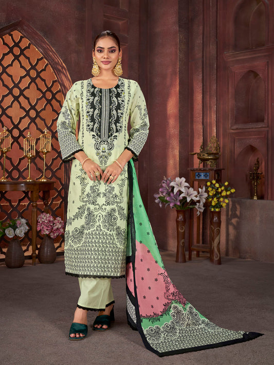 Elegant Light Pistachio Green Printed Suit with Contrast Dupatta