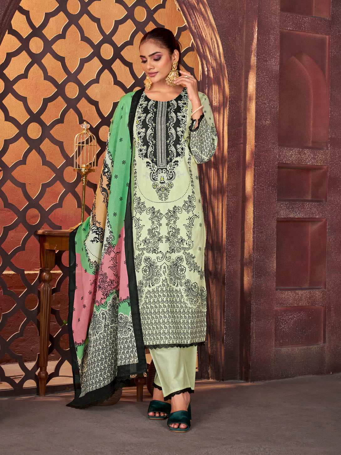 Elegant Light Pistachio Green Printed Suit with Contrast Dupatta