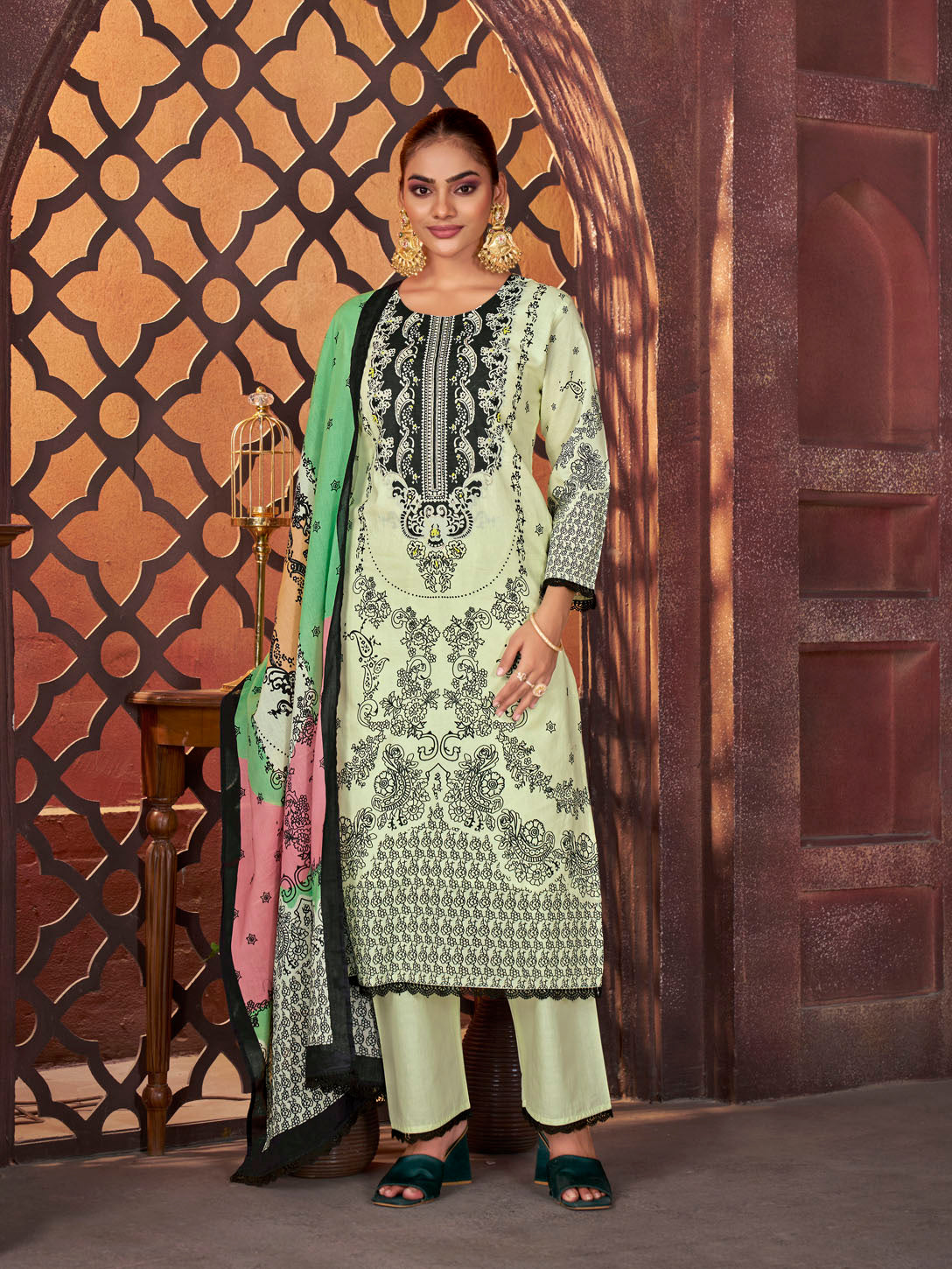 Elegant Light Pistachio Green Printed Suit with Contrast Dupatta