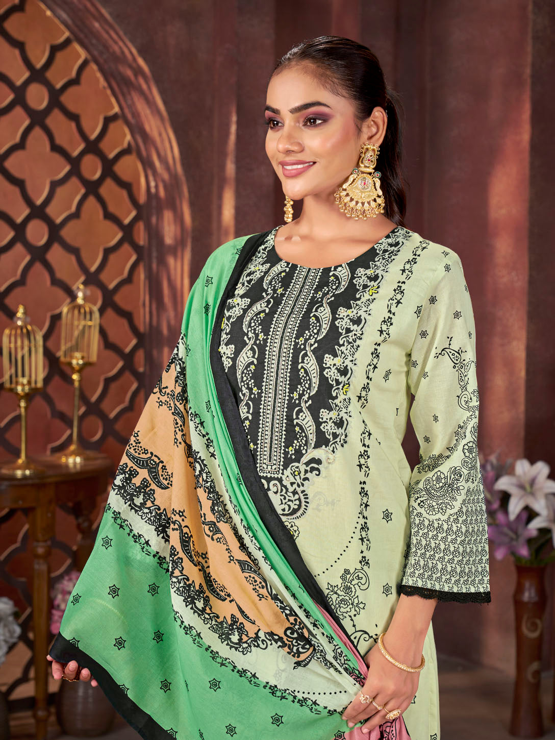 Elegant Light Pistachio Green Printed Suit with Contrast Dupatta