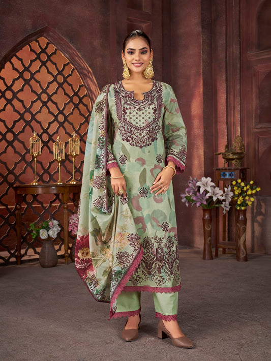 Olive Green Floral Printed Cotton Suit with Maroon Embroidery & Dupatta