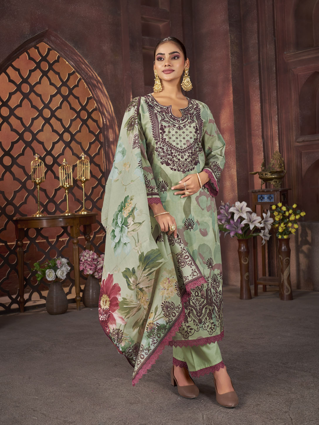 Olive Green Floral Printed Cotton Suit with Maroon Embroidery & Dupatta