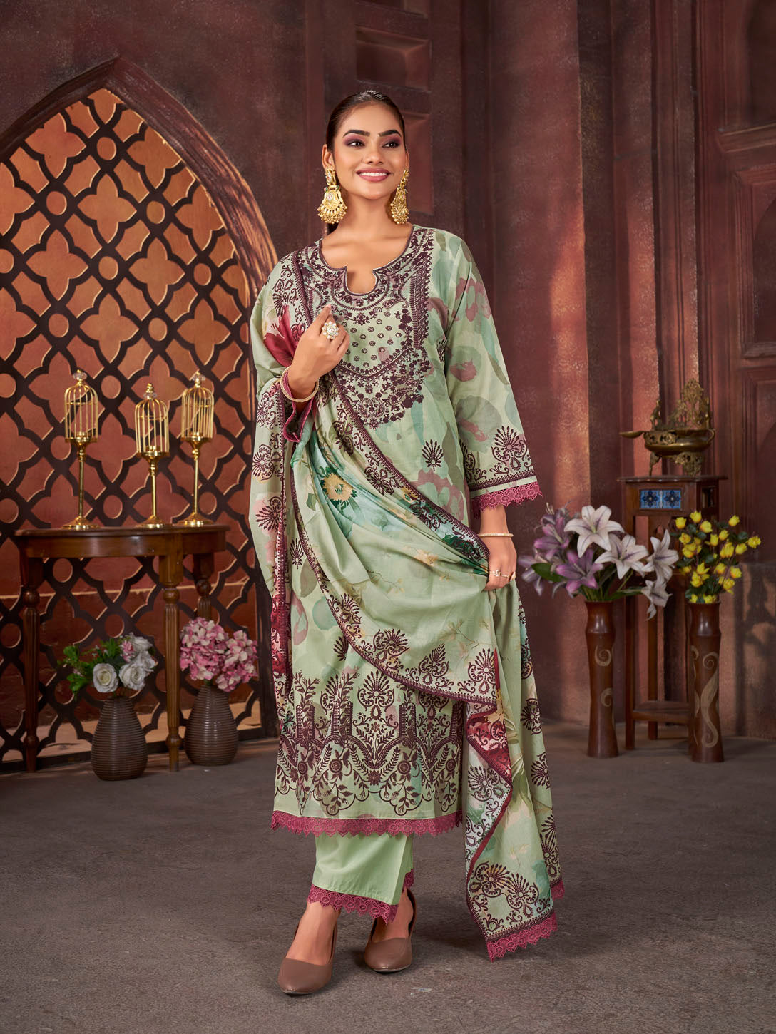 Olive Green Floral Printed Cotton Suit with Maroon Embroidery & Dupatta
