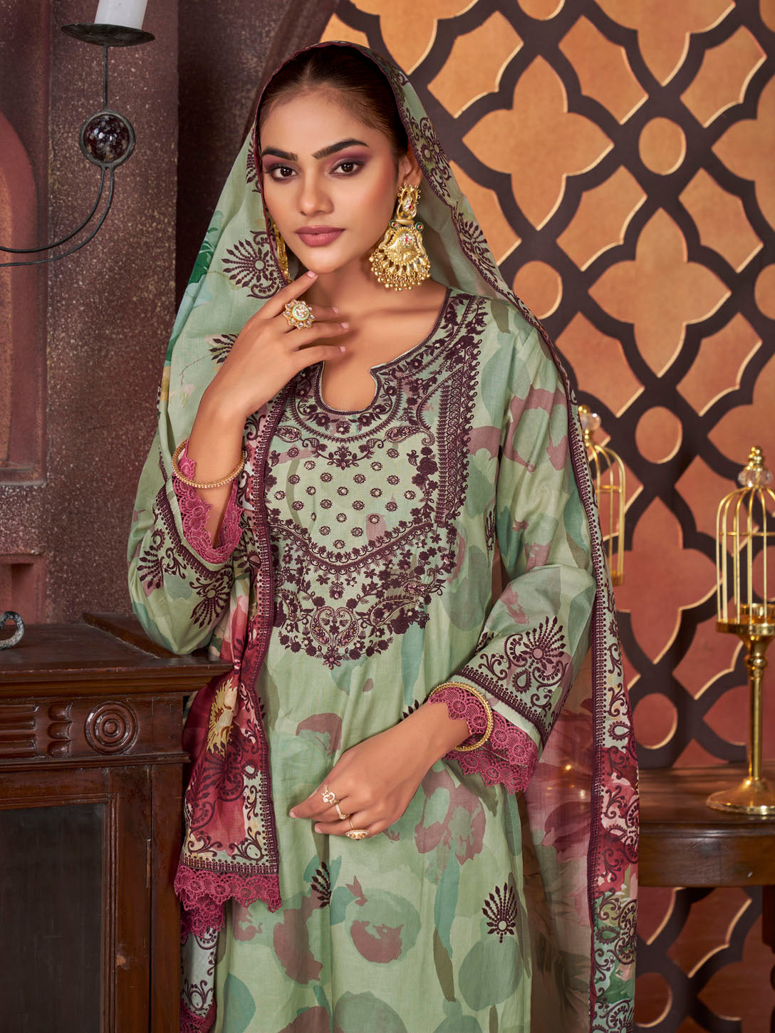 Olive Green Floral Printed Cotton Suit with Maroon Embroidery & Dupatta