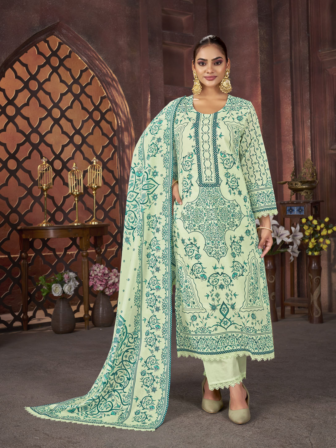 Mint Green Printed Suit with Intricate Motifs & Dupatta