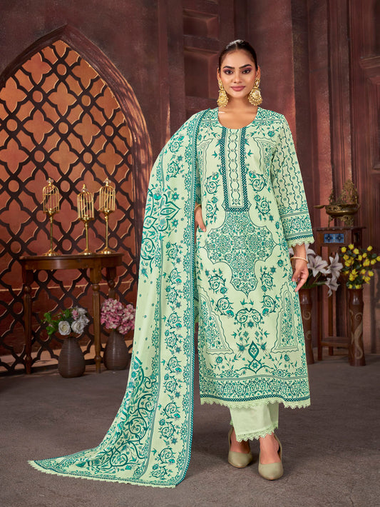 Mint Green Printed Suit with Intricate Motifs & Dupatta