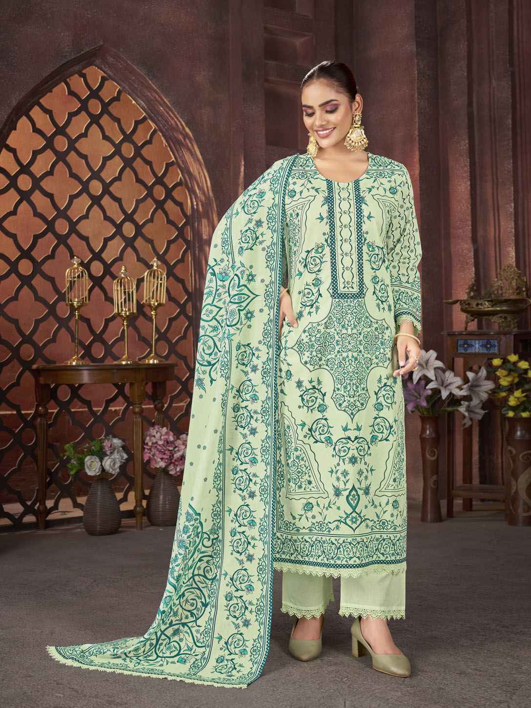 Mint Green Printed Suit with Intricate Motifs & Dupatta