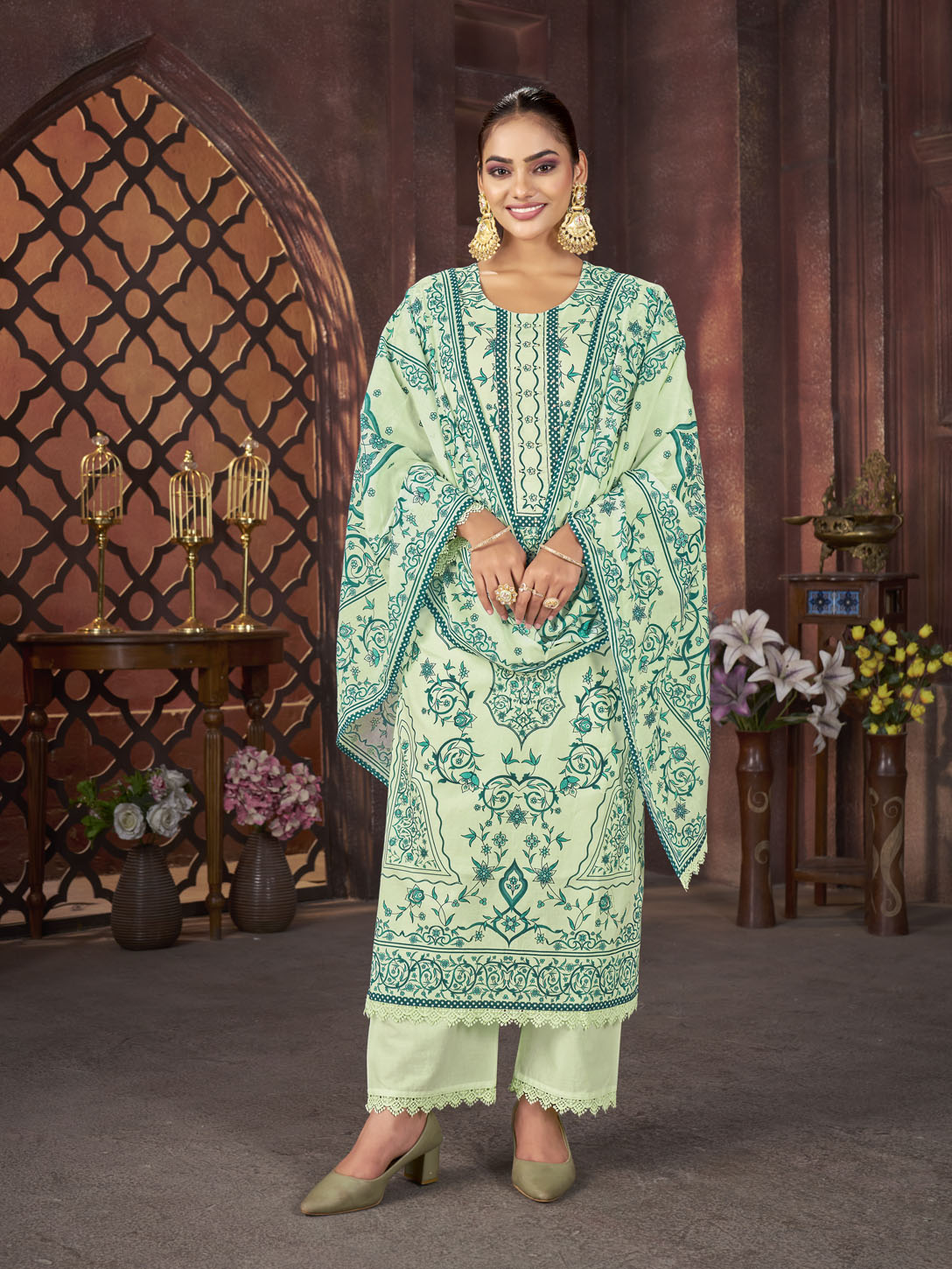 Mint Green Printed Suit with Intricate Motifs & Dupatta