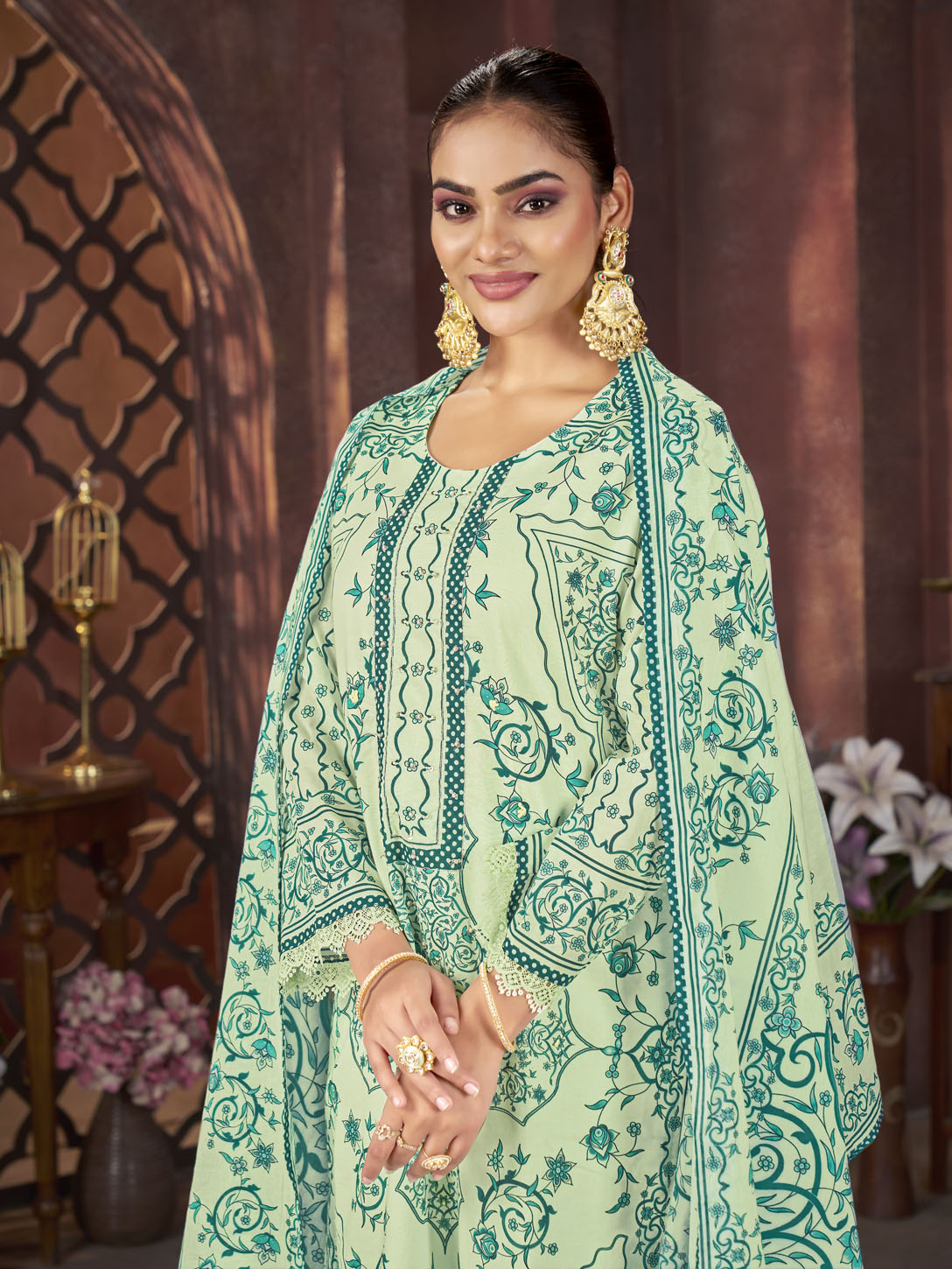 Mint Green Printed Suit with Intricate Motifs & Dupatta