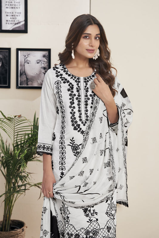 Chic White & Black Floral Embroidered Suit with Dupatta