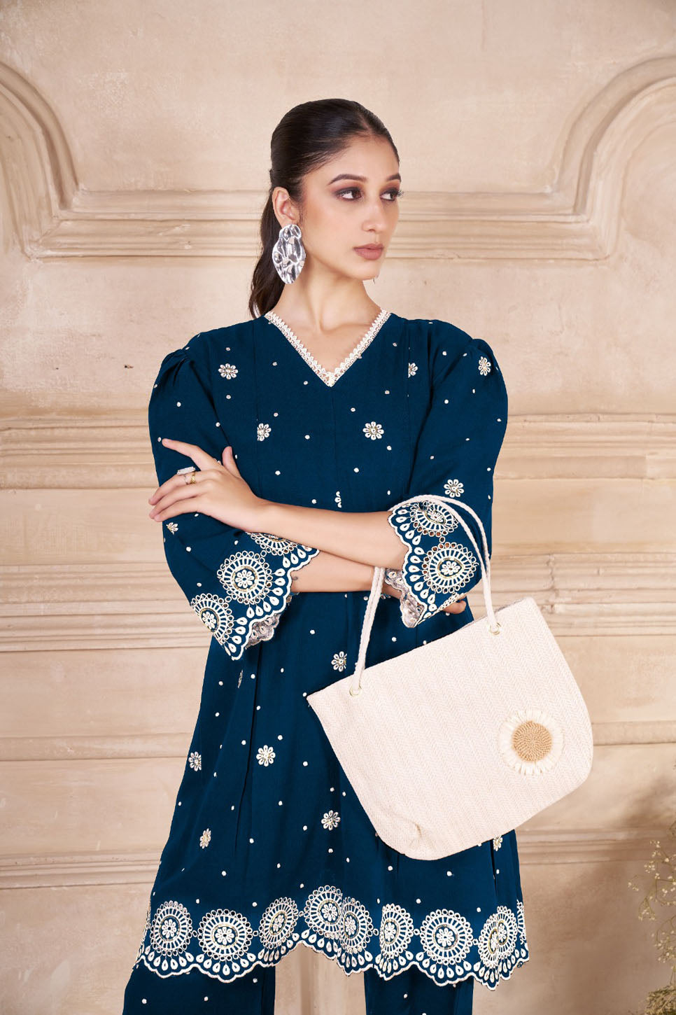 Elegant Prussian Blue Embroidered Co-ord Set