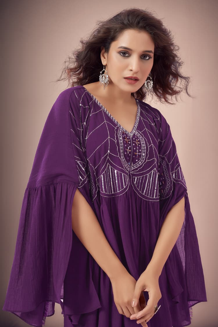 Plum Purple Embellished Kaftan Co-ord Set with Flared Pants