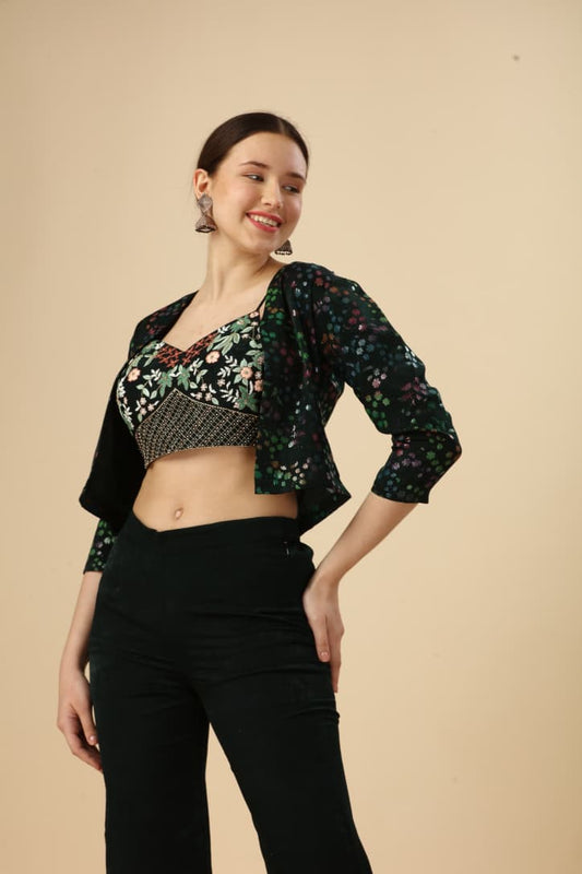 Black Embroidered Velvet Crop Top Co-ord Set with Printed Shrug