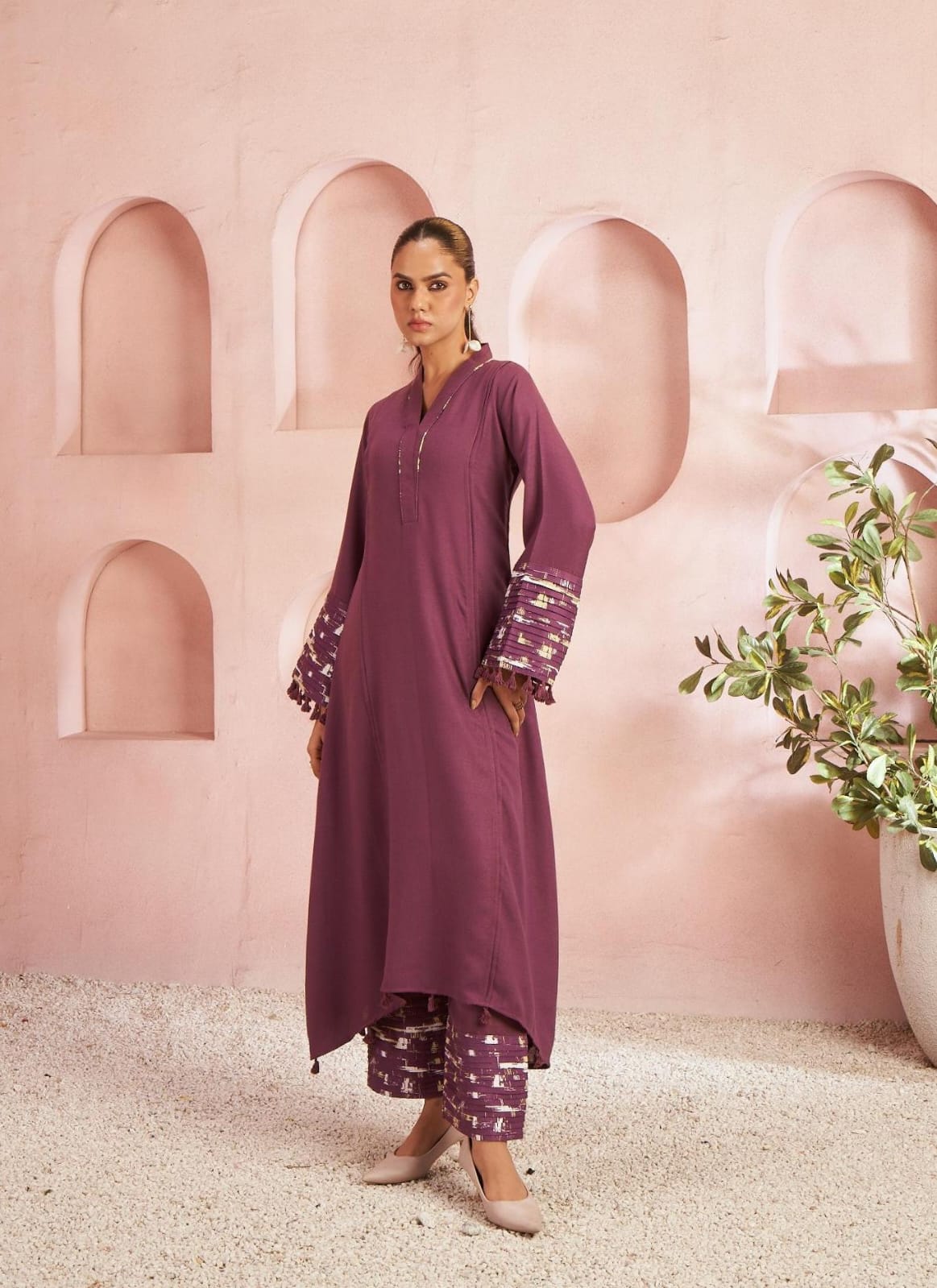Wine Solid Kurta Set with Embroidered Bell Sleeves