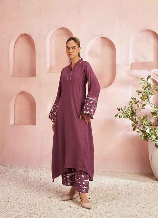 Wine Solid Kurta Set with Embroidered Bell Sleeves