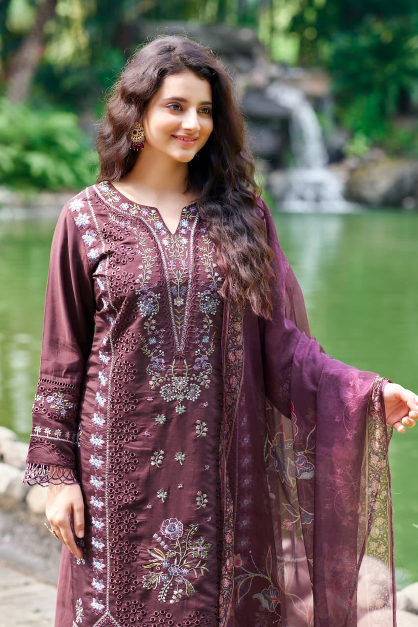 Embroidered Wine Purple Roman Chanderi Suit Set