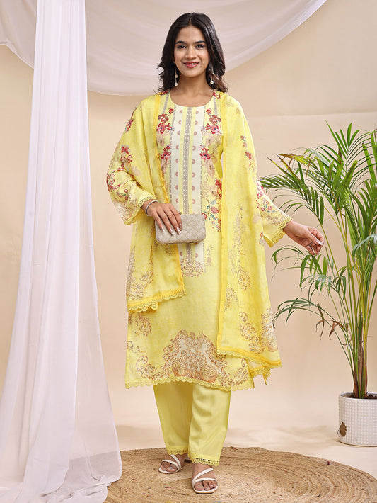 Women's Pastel Yellow Printed Suit – 3 Piece Elegant Festive Ensemble
