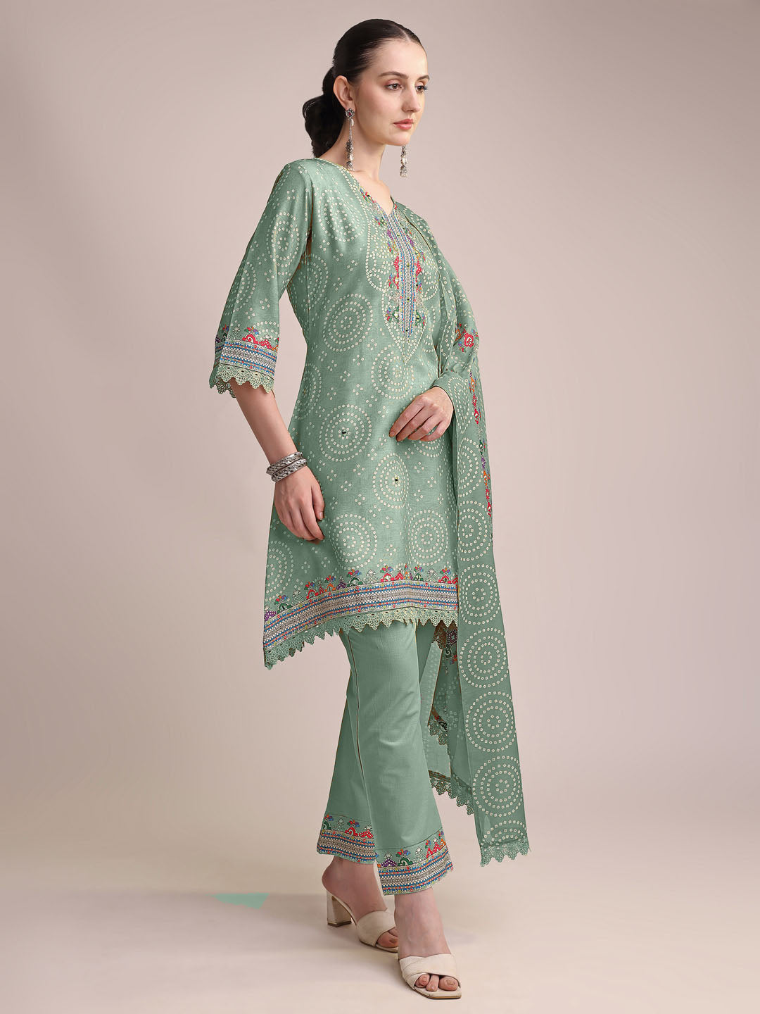 Graceful Sea Green Linen Printed Kurta Set with Embroidered Detailing & Matching Dupatta