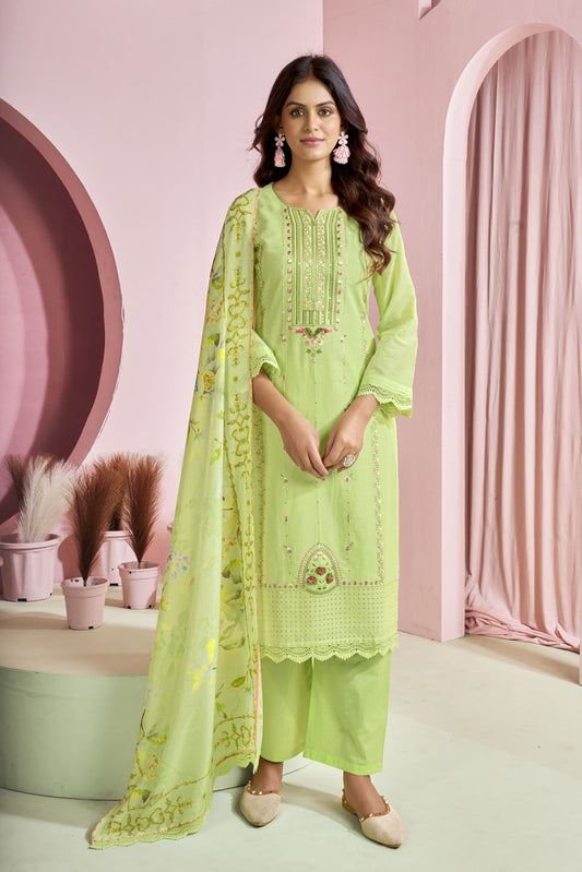 Pastel Lime Embroidered Cotton Suit with Printed Dupatta