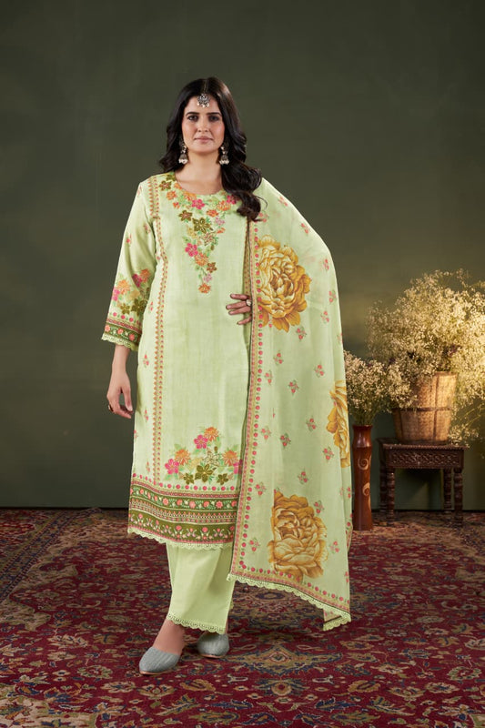 Pastel Green Floral Embroidered Linen Suit Set with Printed Dupatta | Elegant Festive & Daily Wear Ensemble