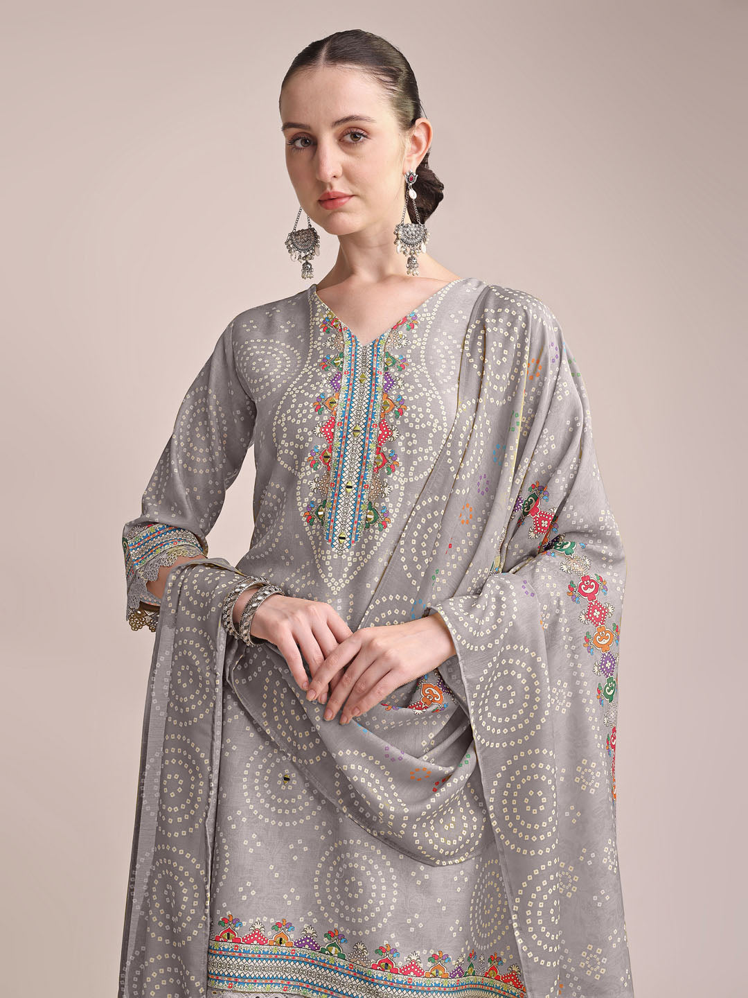 Elegant Grey Linen Printed Kurta Set with Multicolor Embroidery & Dupatta