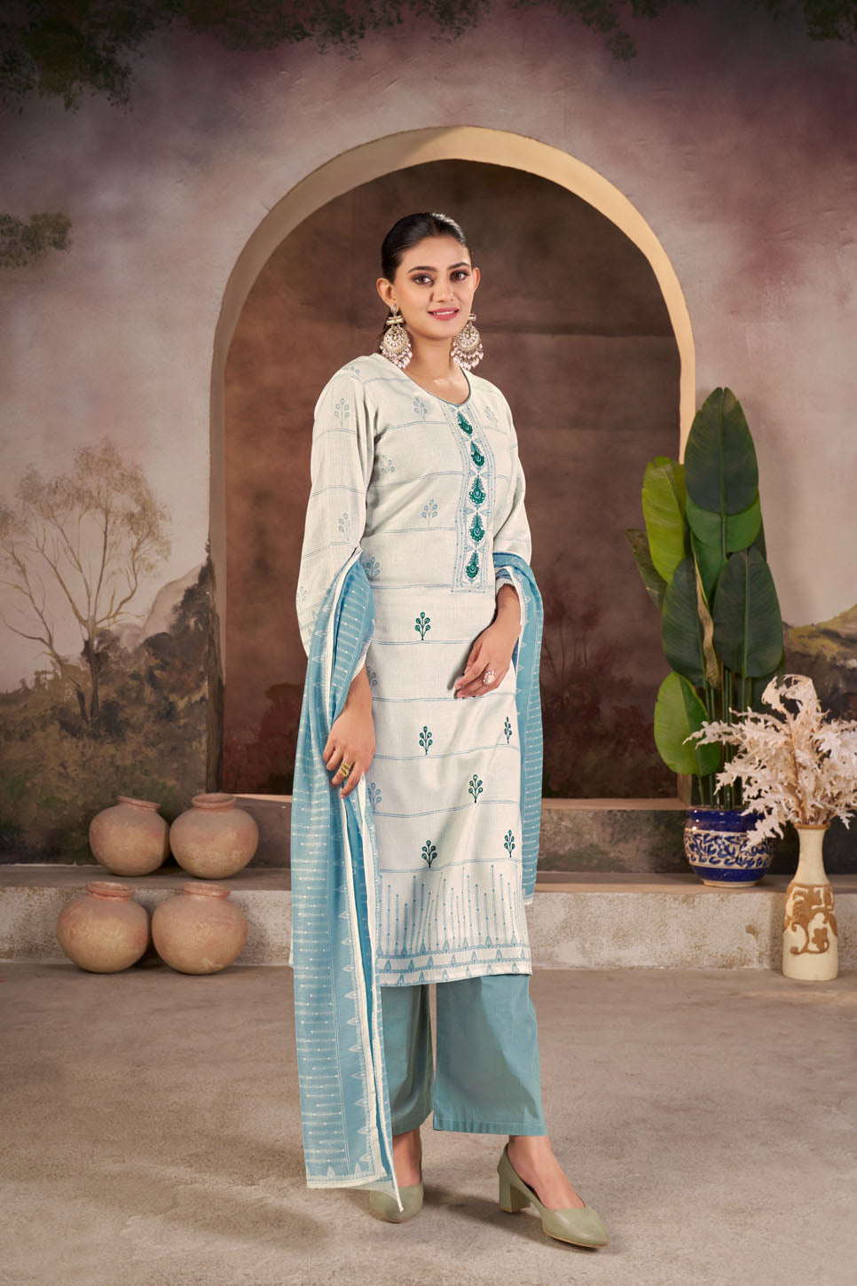 White & Blue Embroidered Linen Suit Set with Printed Dupatta