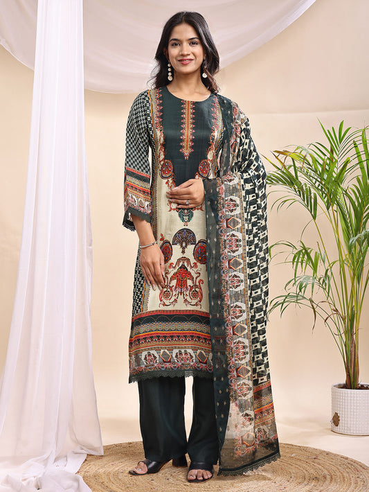 Women's Green & Beige Printed Suit – 3 Piece Traditional Elegance Set