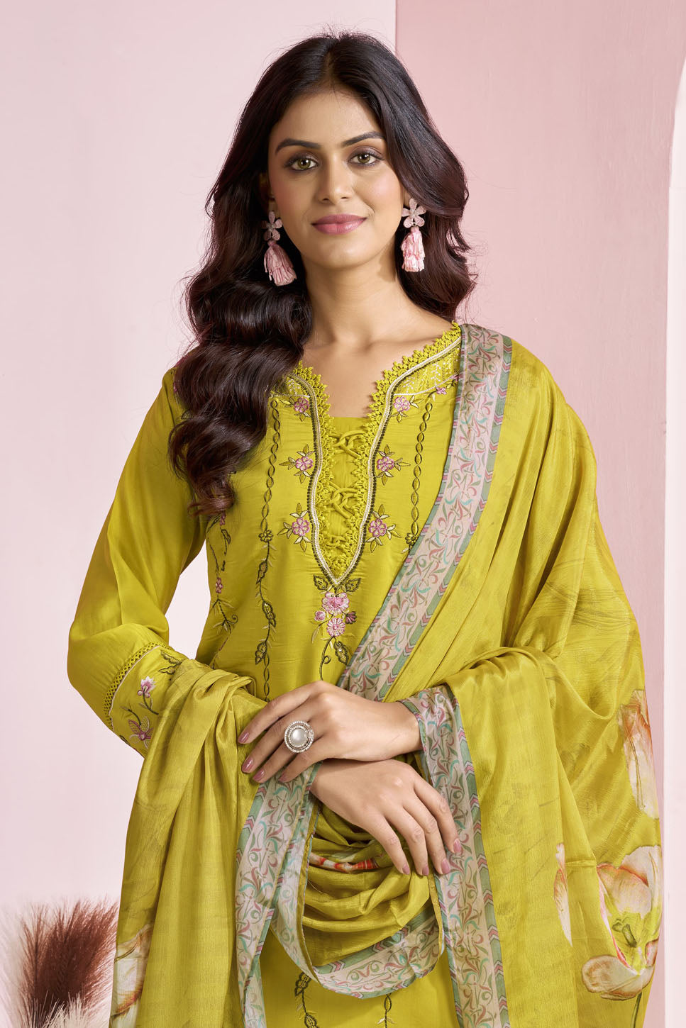 Lime Green Floral Embroidered Suit Set with Printed Dupatta