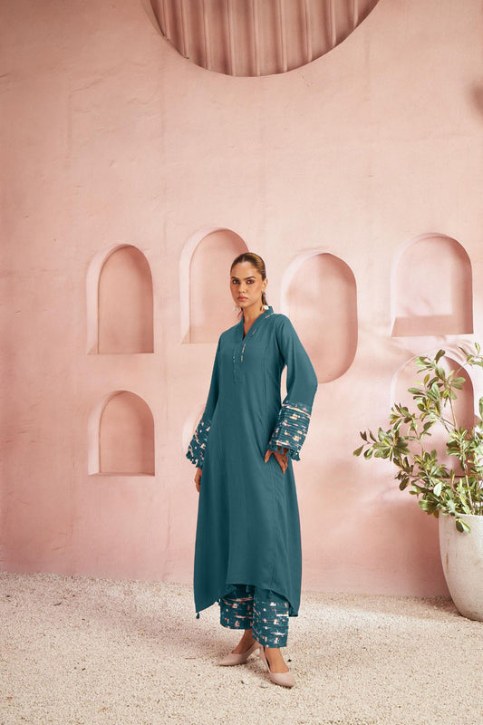 Teal Solid Kurta Set with Embroidered Bell Sleeves