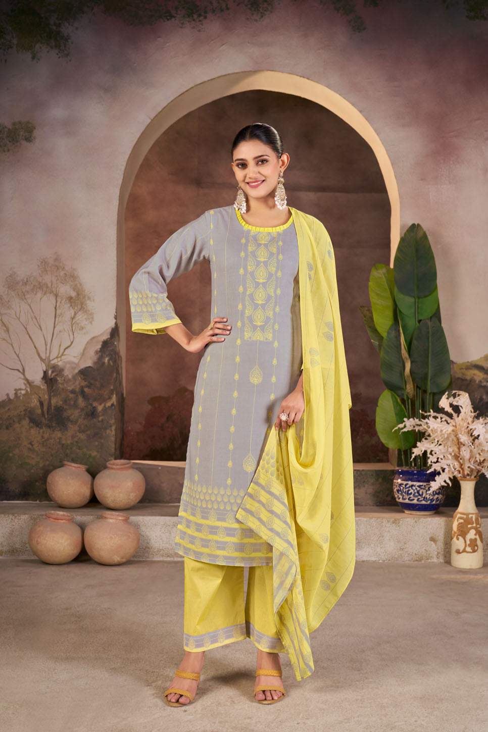 Grey & Yellow Printed Linen Suit Set with Dupatta