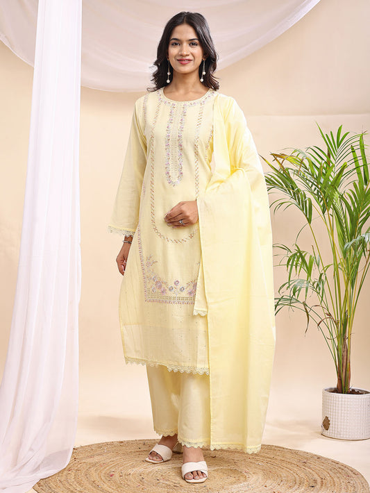 Women's Light Yellow Embroidered Suit – 3 Piece