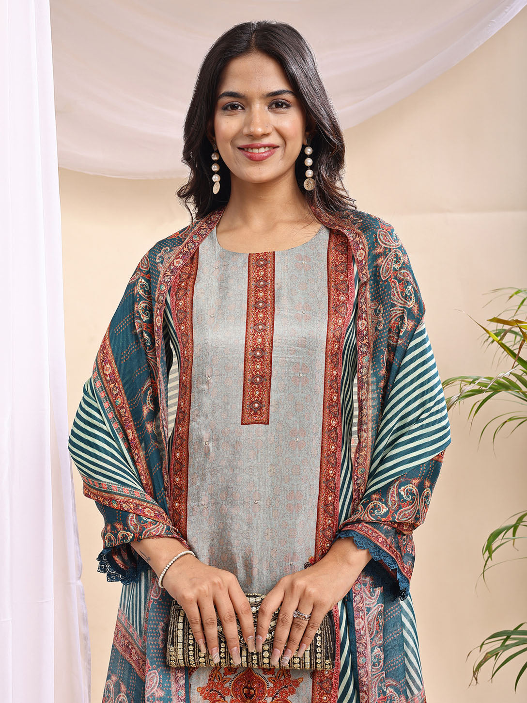 Women's Grey & Teal Ethnic Printed Suit – 3 Piece Traditional Ensemble