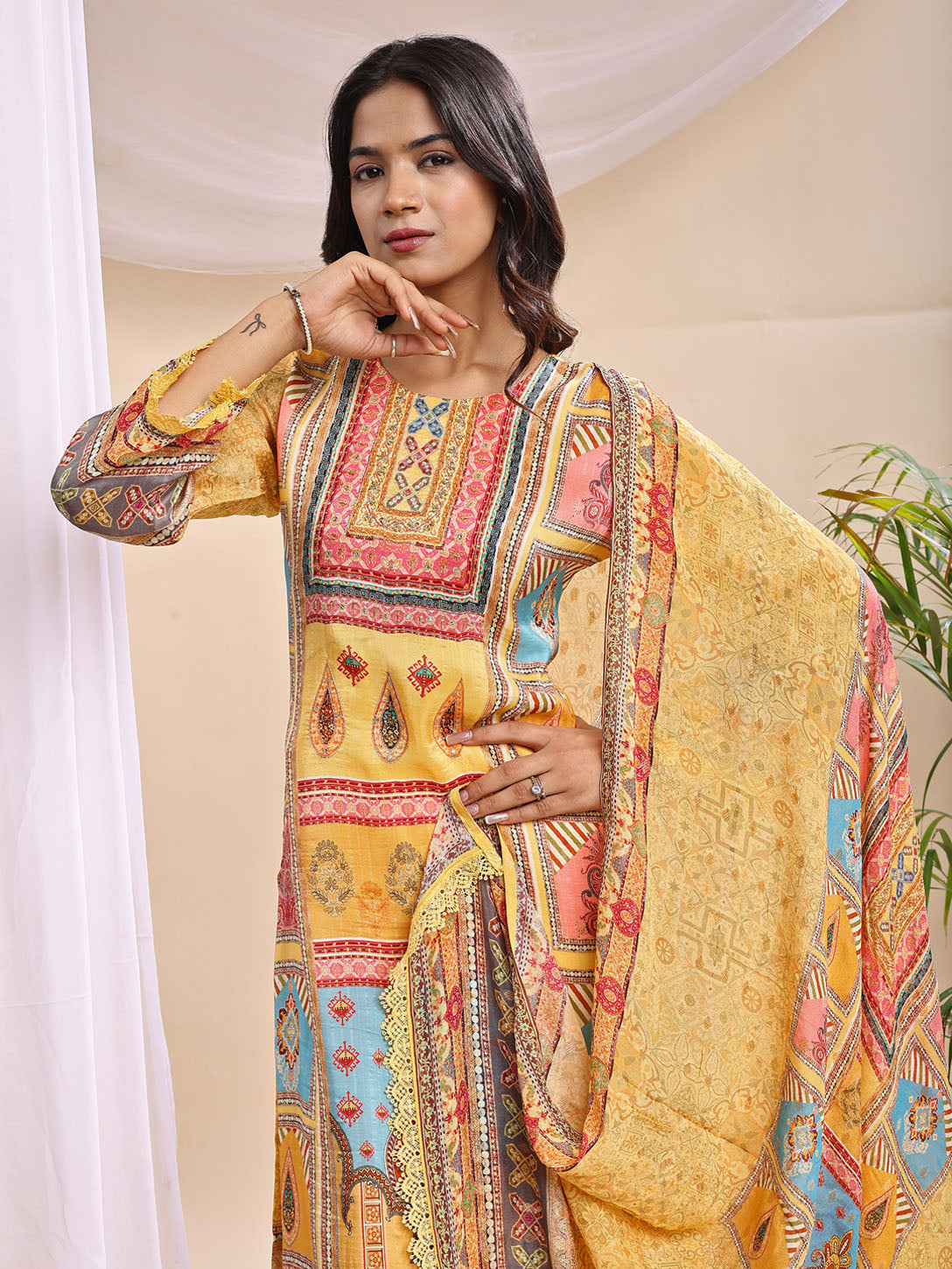 Vibrant Yellow Multicolor Printed Suit with Dupatta