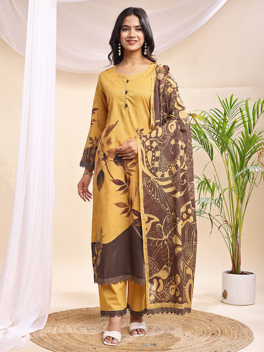 Women's Mustard & Brown Leaf Printed Suit – 3 Piece Suit Set