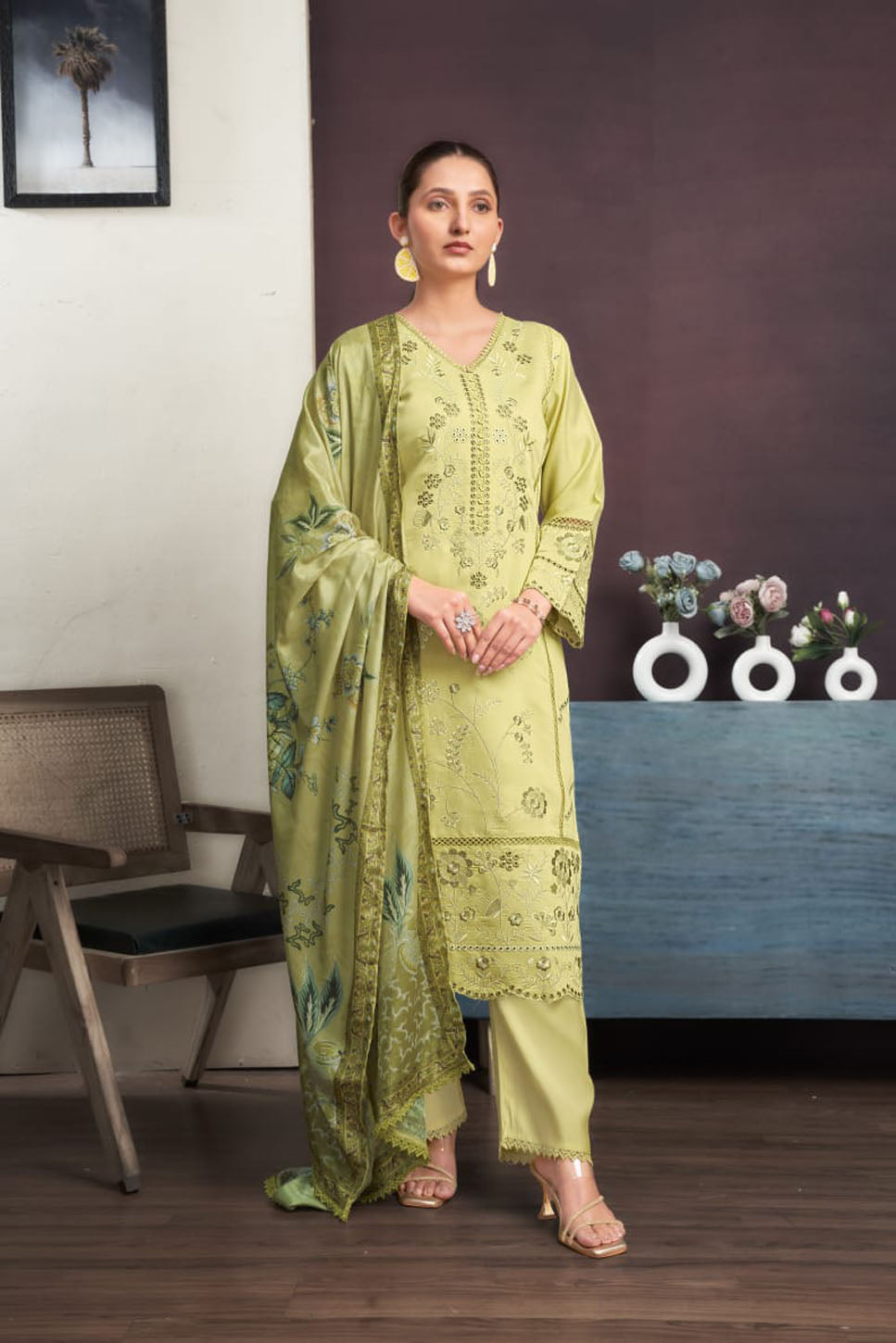 Lime Green Embroidered Chanderi Suit Set with Printed Dupatta