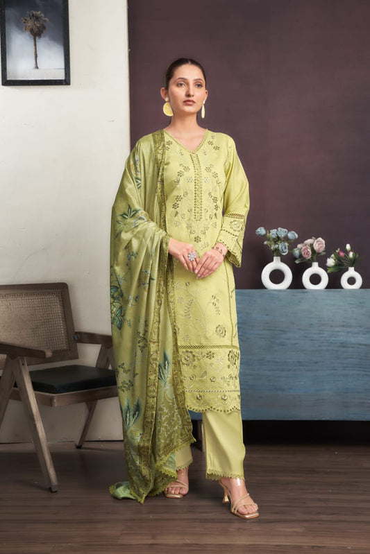 Lime Green Embroidered Chanderi Suit Set with Printed Dupatta