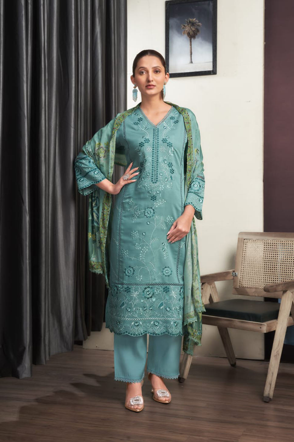 Sea Green Embroidered Chanderi Suit Set with Printed Dupatta