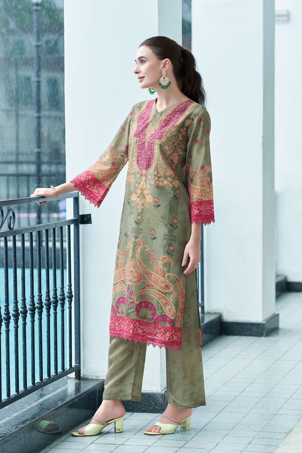 Olive Green & Crimson Printed Embroidered Suit with Dupatta