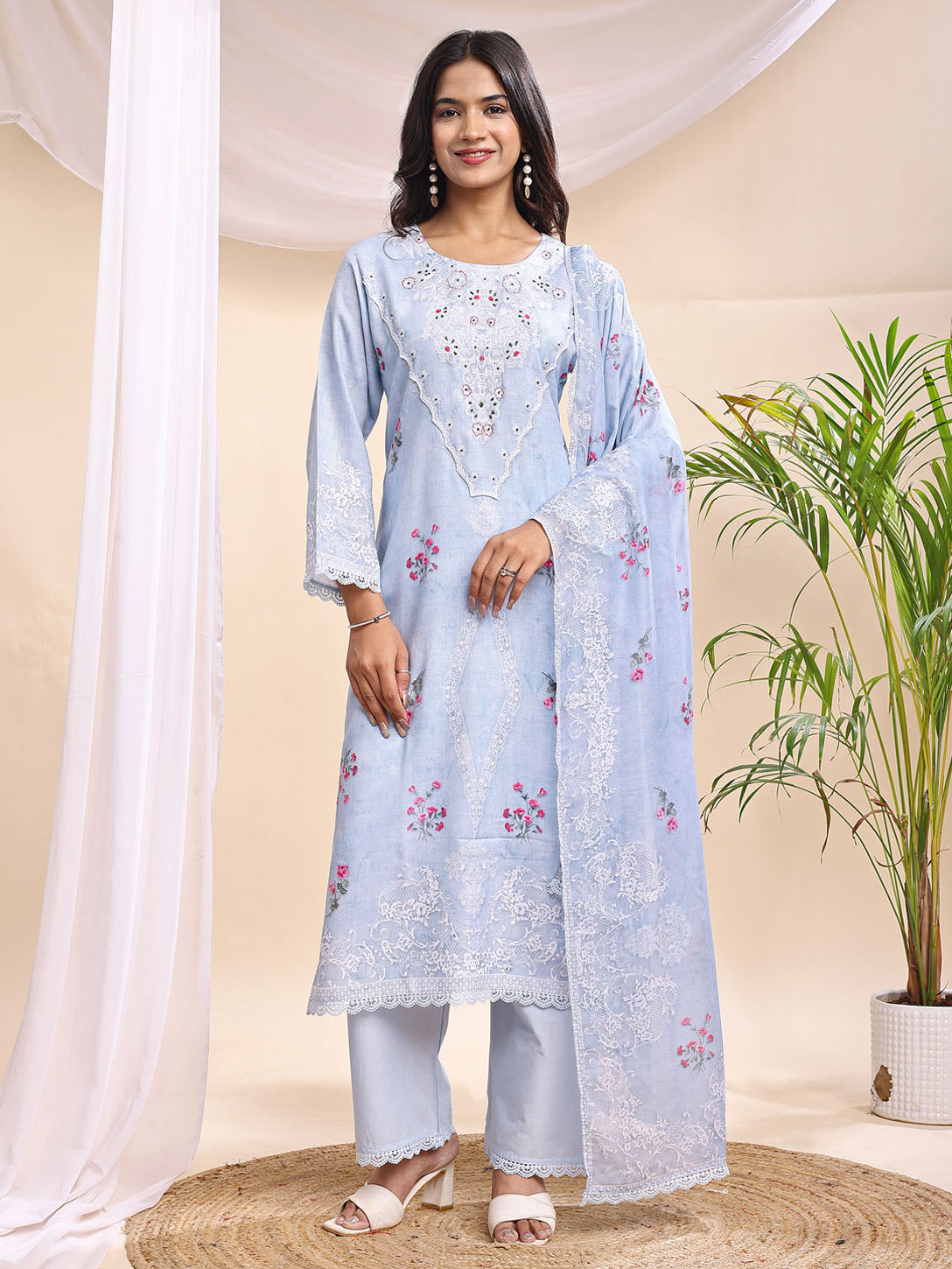 Pastel Blue Embroidered Three-Piece Suit Set