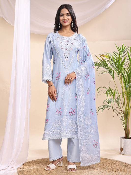 Pastel Blue Embroidered Three-Piece Suit Set